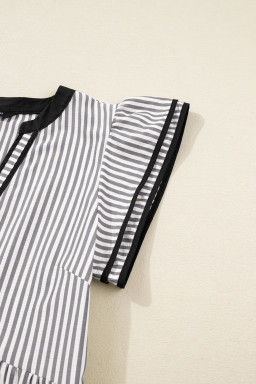 Black Stripe Contrast Trim V Neck Flutter Sleeve Casual Long Dress
