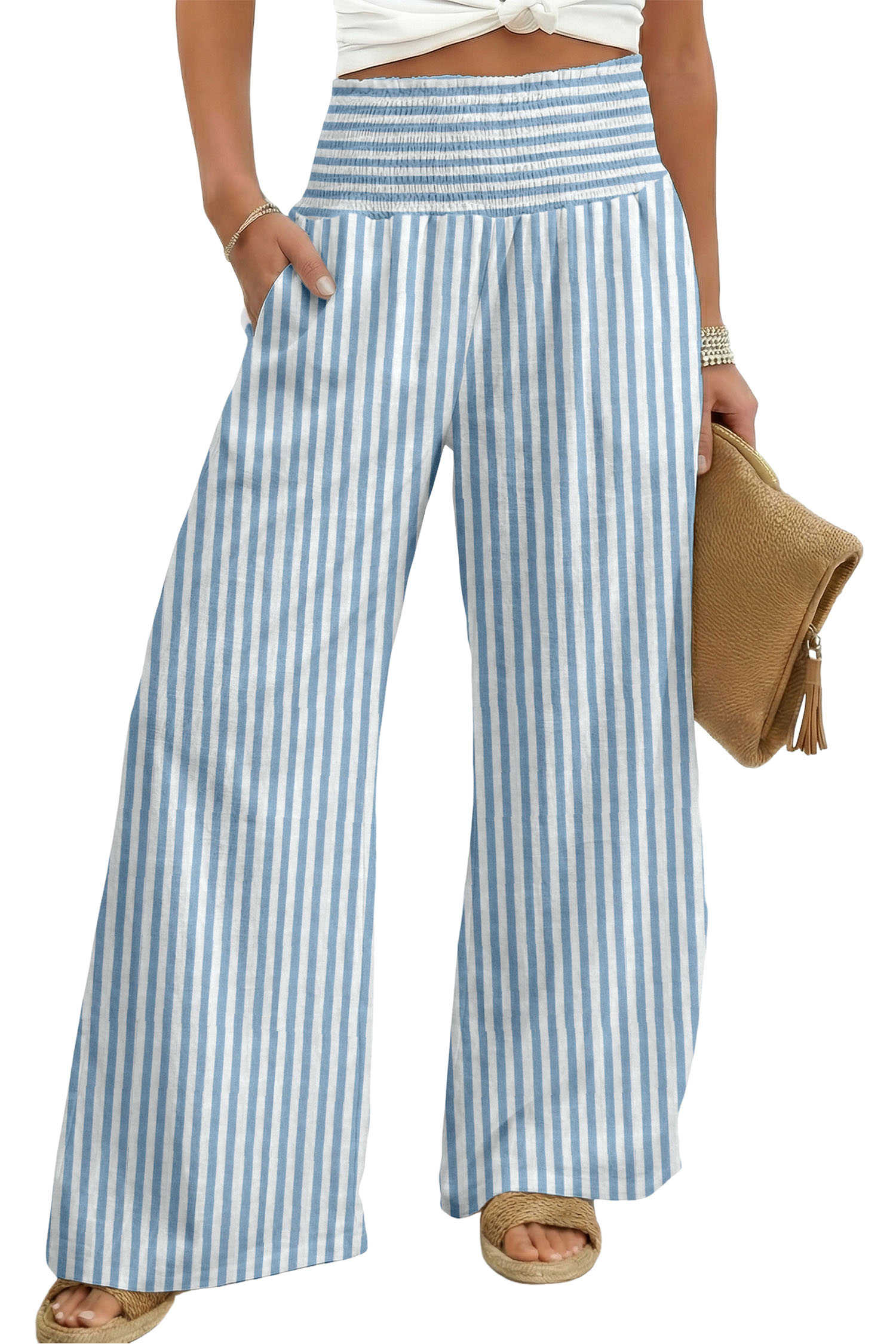 Sky Blue Stripe Shirred High Waist Loose Summer Pants