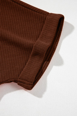 Coffee Solid Color Knit V Neck Zipped Loose Romper