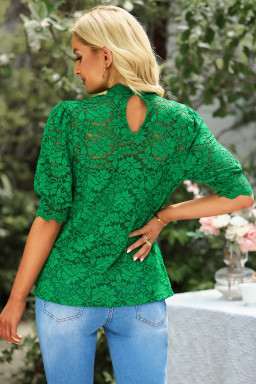 Green High Neck Lace Short Sleeve Blouse