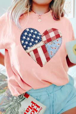 Pink Patriotic Heart DTG Faux Patchwork Printed Tee