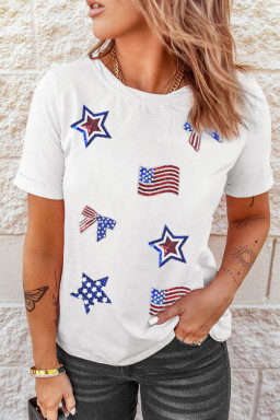 White Sequin Patriotic Elements Patched Round Neck Tee
