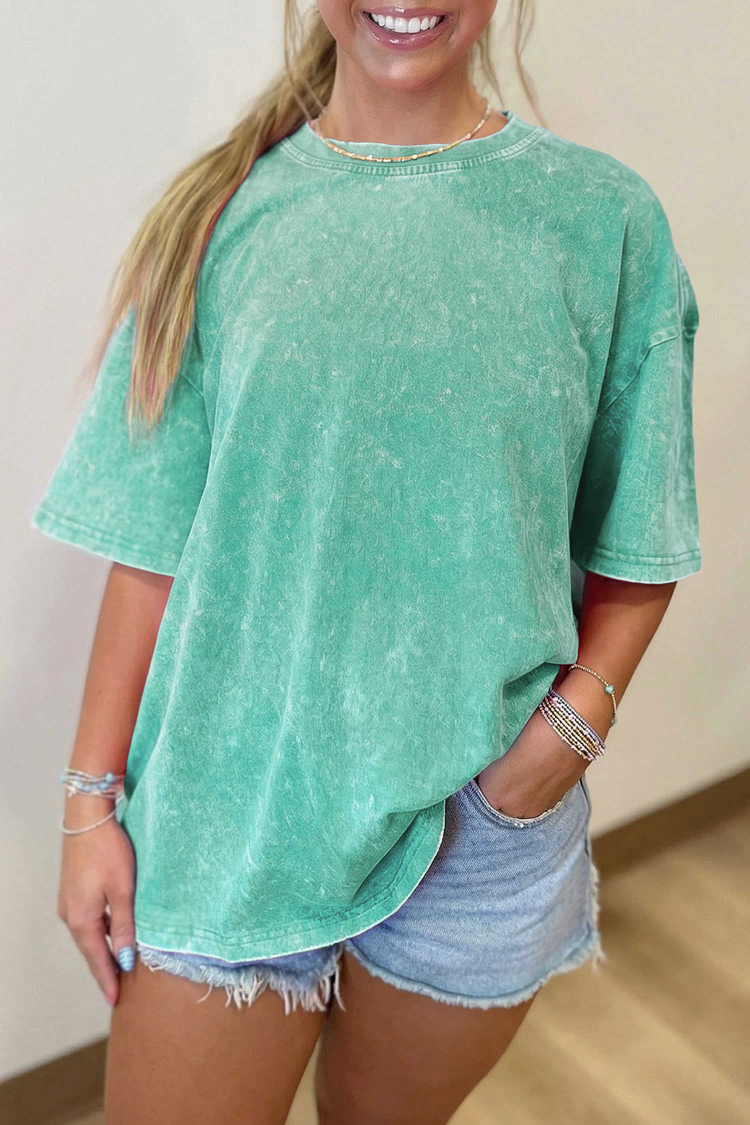 Mint Green Solid Color Cotton Mineral Washed Oversize Tee