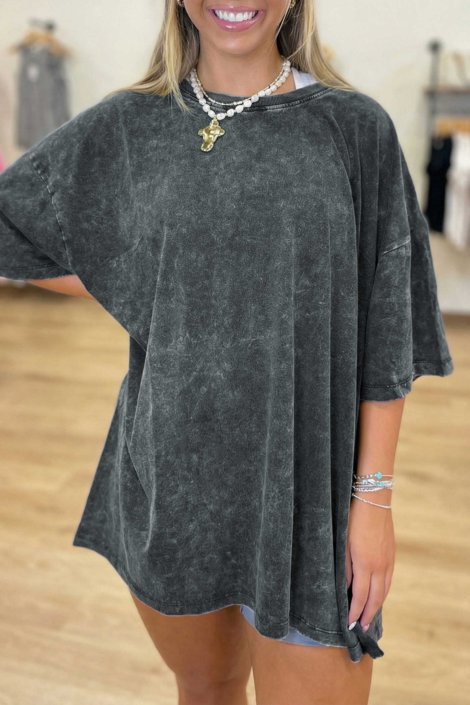 Dark Grey Solid Color Cotton Mineral Washed Oversize Tee