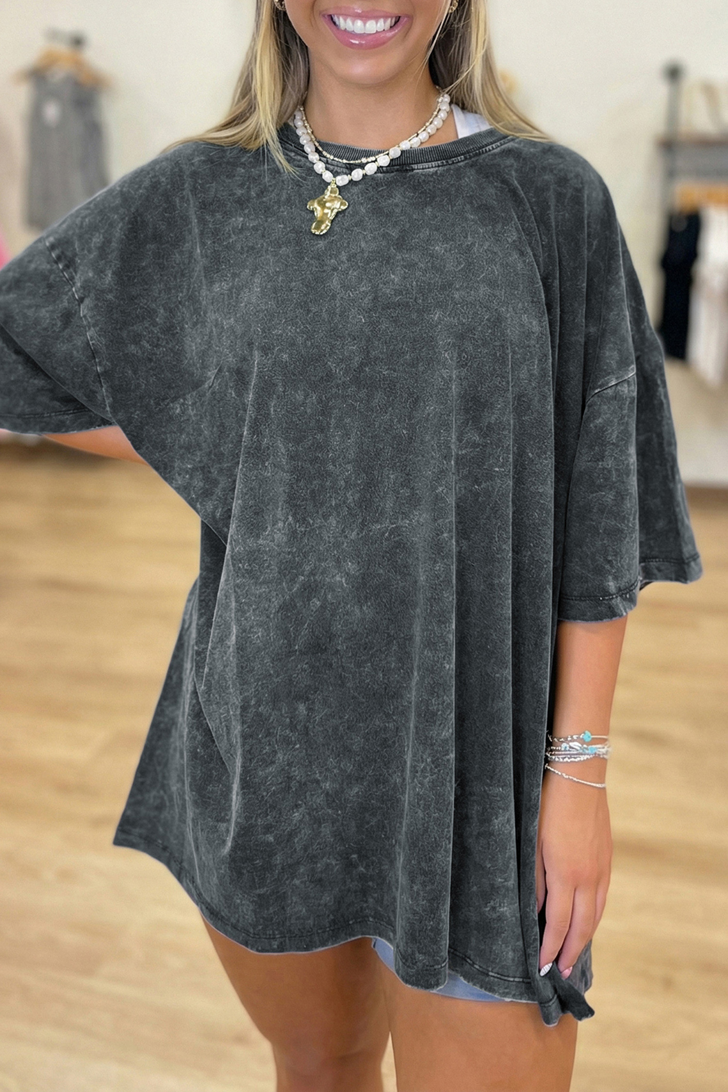 Dark Grey Solid Color Cotton Mineral Washed Oversize Tee