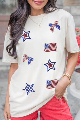 White Sequin Patriotic Elements Patched Round Neck Tee