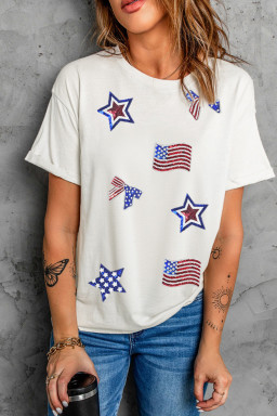 White Sequin Patriotic Elements Patched Round Neck Tee