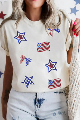 White Sequin Patriotic Elements Patched Round Neck Tee