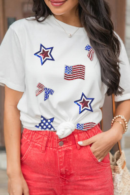 White Sequin Patriotic Elements Patched Round Neck Tee