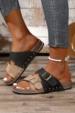 Color black Two-tone Retro Buckle Straps Hollowed Faux Suede Slippers