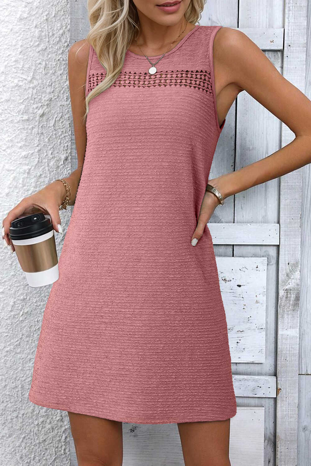 Sepia Rose Solid Color Textured Lace Hollowed Detail Sleeveless Mini Dress