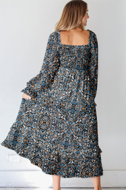 Blue Floral Print Long Sleeve Square Neck Smocked Maxi Dress
