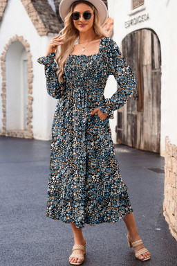 Blue Floral Print Long Sleeve Square Neck Smocked Maxi Dress