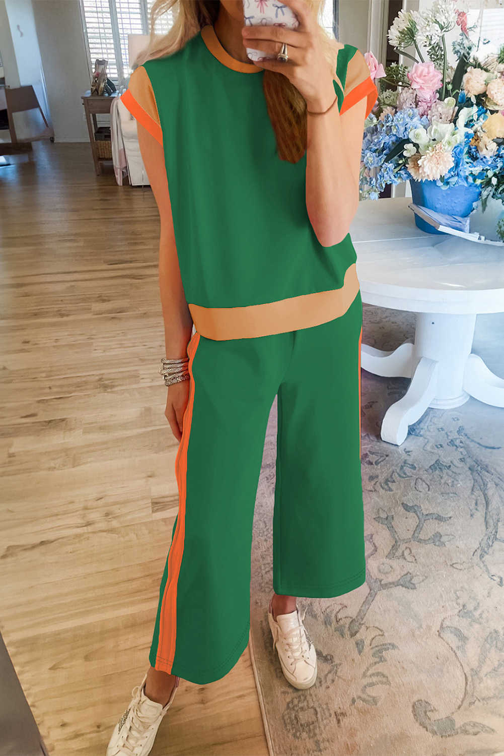 Dark Green Color Block Detail Casual Two-piece Set