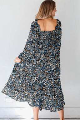 Blue Floral Print Long Sleeve Square Neck Smocked Maxi Dress