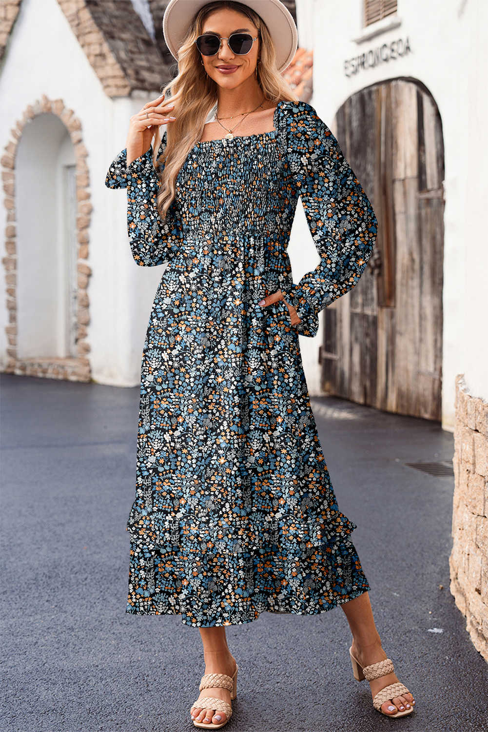 Blue Floral Print Long Sleeve Square Neck Smocked Maxi Dress