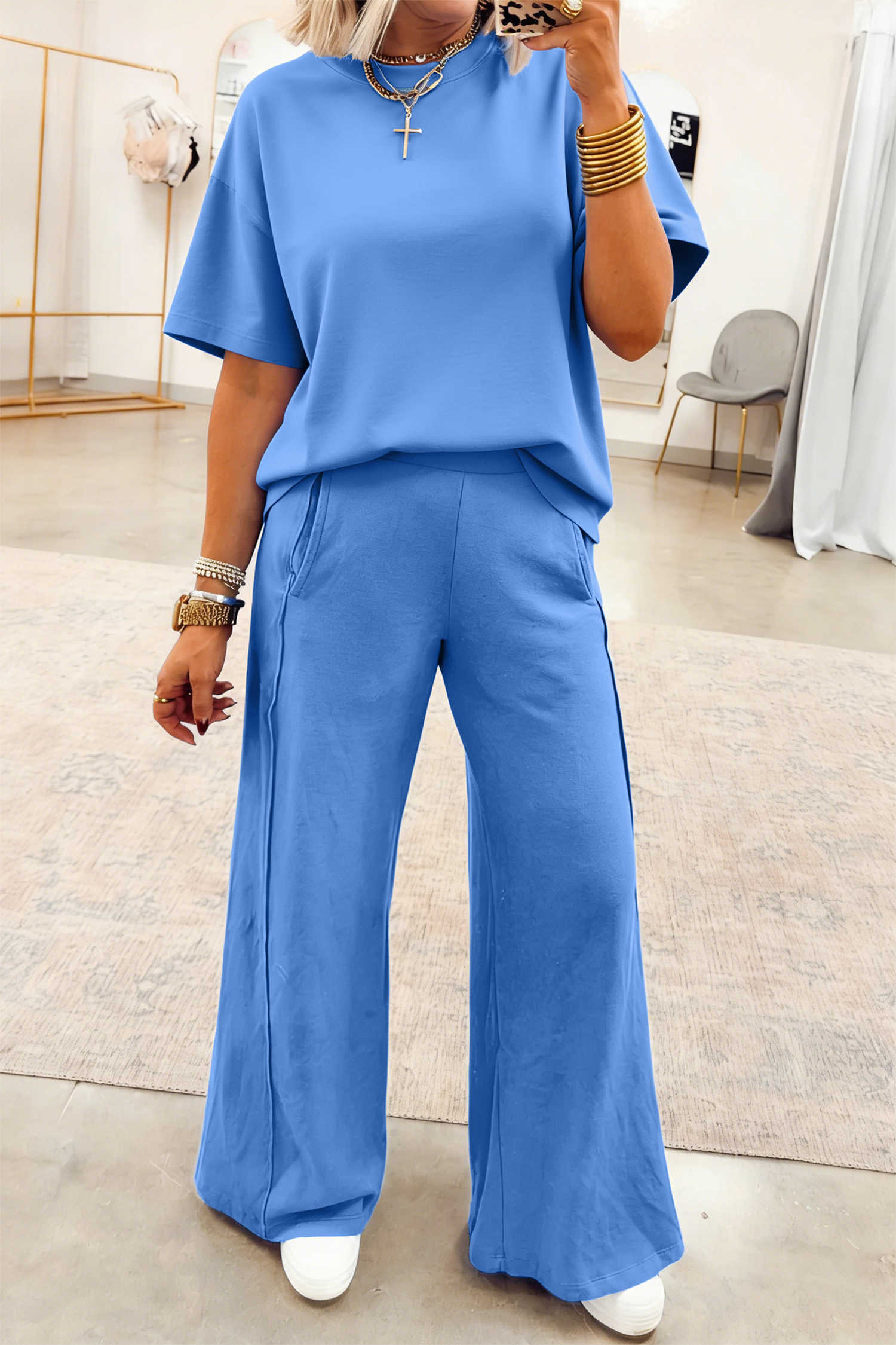 Sky Blue Solid Cover Oversize Tee Pocketed Casual Pants 2pcs Outfit