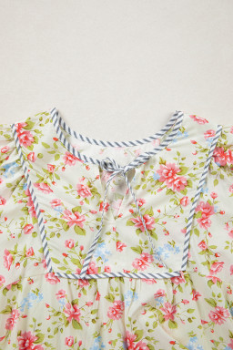 Apricot Striped Edge 3/4 Puff Sleeve Floral Dress