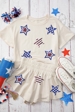 Beige Sequin Patriotic Star Cropped Tee Skort 2pcs Set