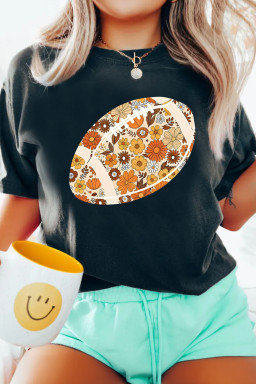Black Retro Floral Rugby Football Printed T Shirt