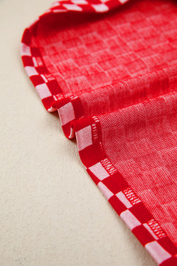 Red Checkered Print Ruffle Short Sleeve Contrast Trim Round Neck Top