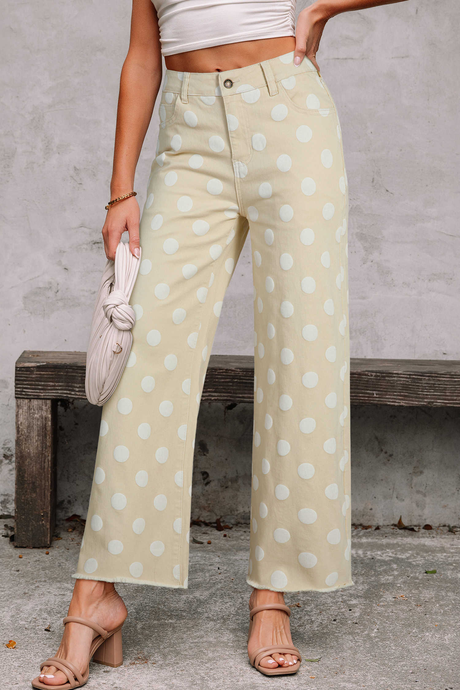 Khaki Polka Dot Print Raw Hem Shift Jeans