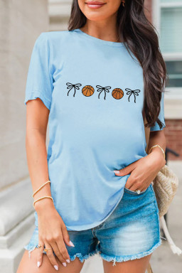 Light Blue Basketball Bow Embroidered Womens T Shirt