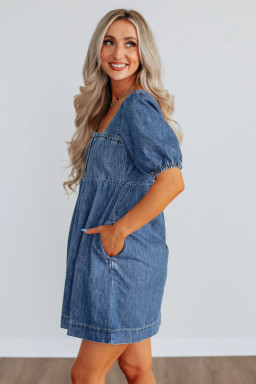 Prussian Blue Button Square Neck Short Puff Sleeve Denim Mini Dress