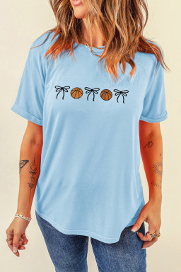 Light Blue Basketball Bow Embroidered Womens T Shirt