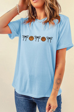 Light Blue Basketball Bow Embroidered Womens T Shirt