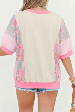 Beige Plus Size Floral Patchwork Short Sleeve Patch Embroidery Cotton T Shirt