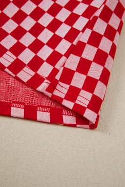 Red Checkered Print Ruffle Short Sleeve Contrast Trim Round Neck Top
