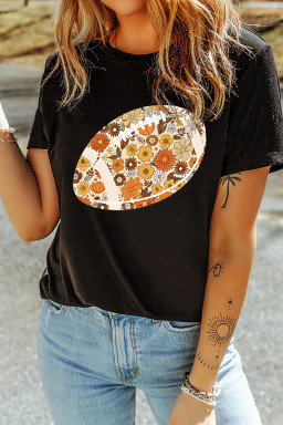 Black Retro Floral Rugby Football Printed T Shirt