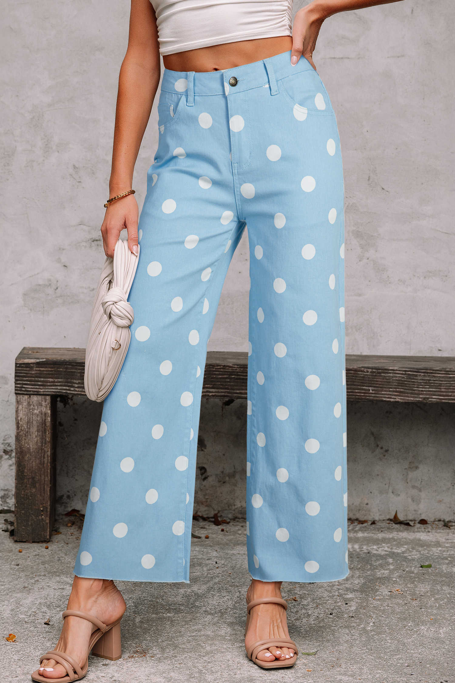 Sky Blue Polka Dot Print Raw Hem Shift Jeans