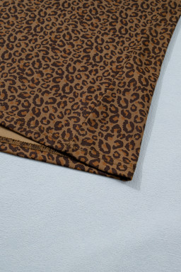 Khaki Plus Size Leopard Print Ribbed Trim Round Neck Tee