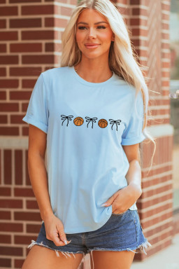 Light Blue Basketball Bow Embroidered Womens T Shirt