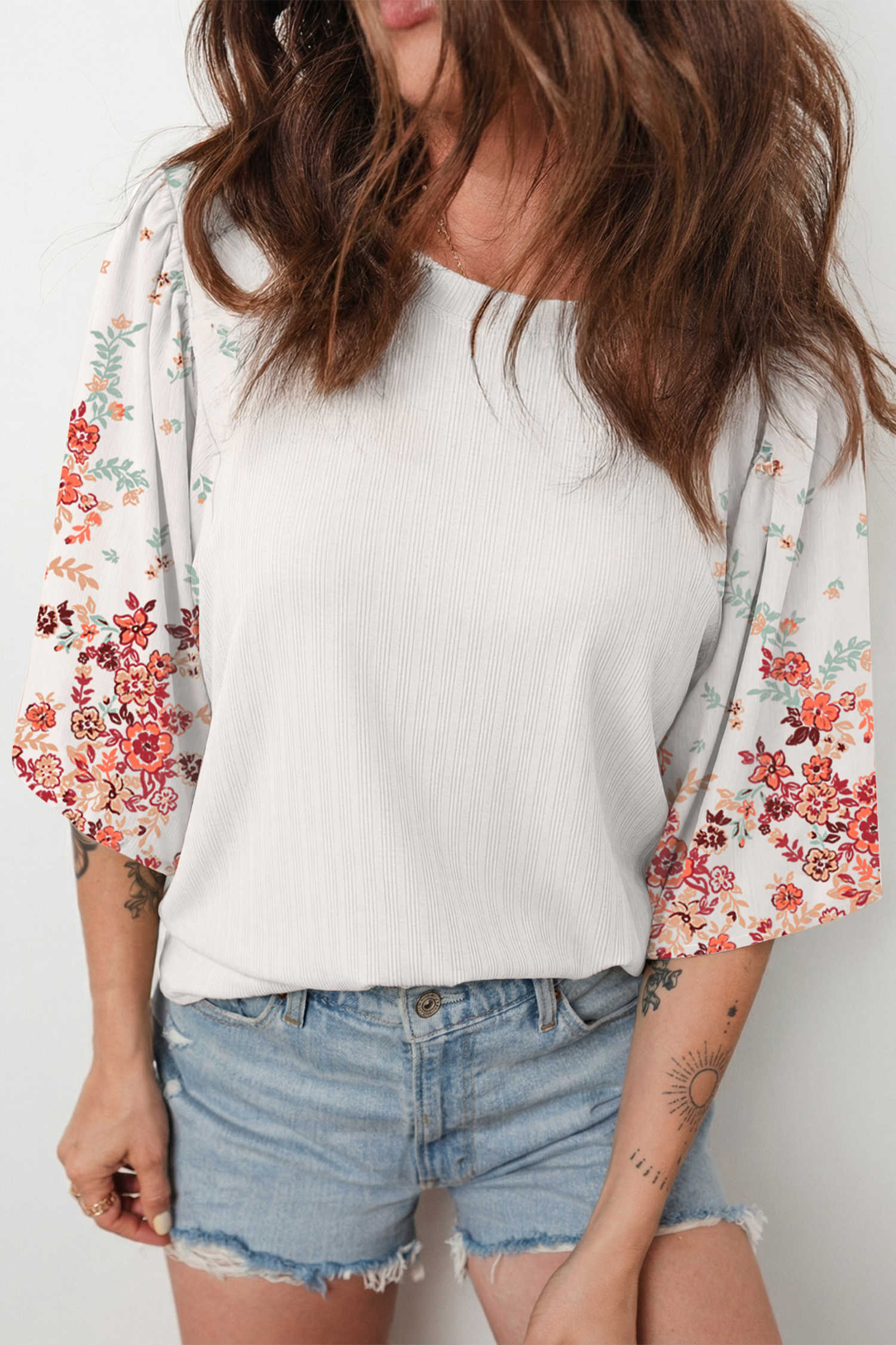 White Ribbed Texture Floral Print Half Sleeve Patchwork Top