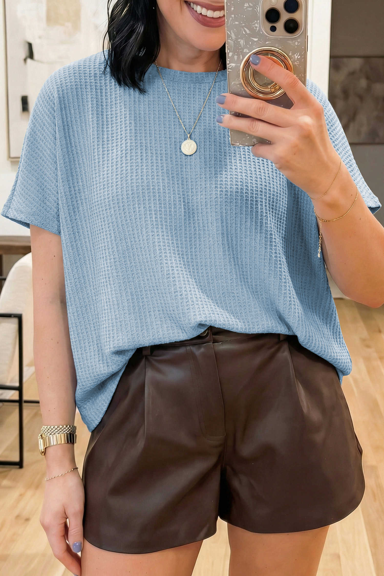 Beau Blue Waffle Textured Knit Dolman Short Sleeve Loose Top