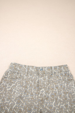 Khaki Raw Edge Leopard Print Denim Shorts