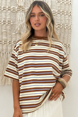 Brown Stripe Womens Casual Oversized Tee
