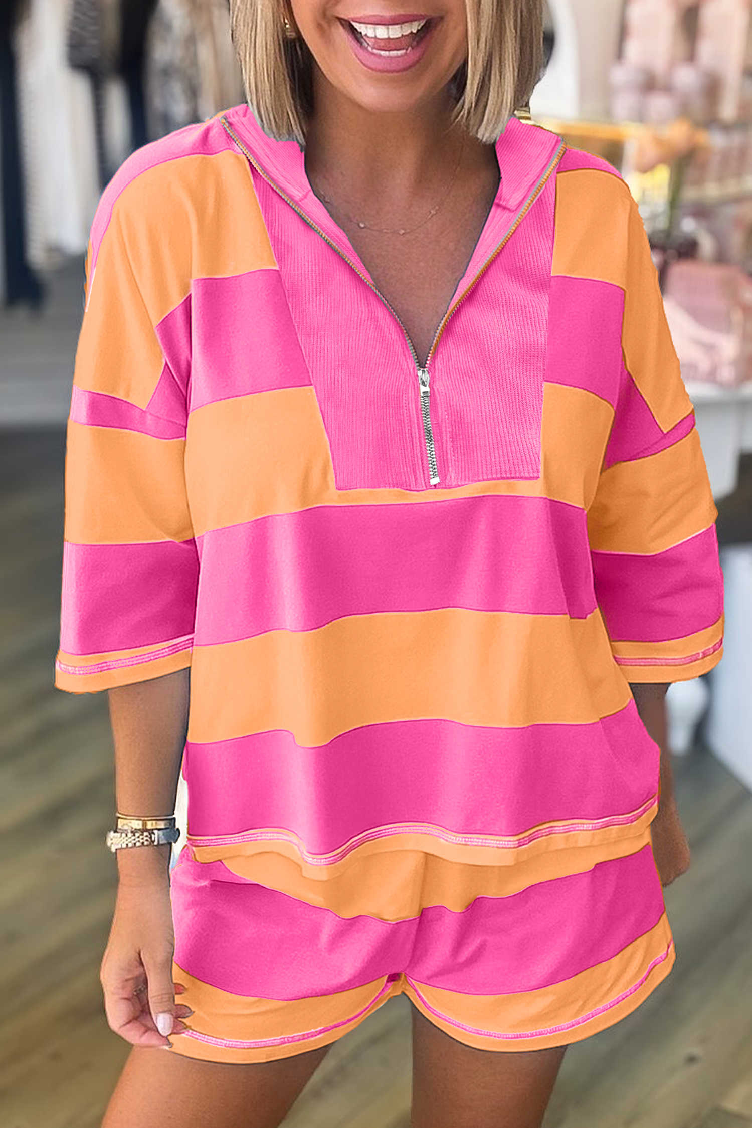 Pink Seam Detail Half Zip Tee Casual Shorts 2pcs Set