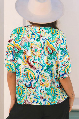 Green Boho Paisley Floral Printed Puff Sleeve Blouse