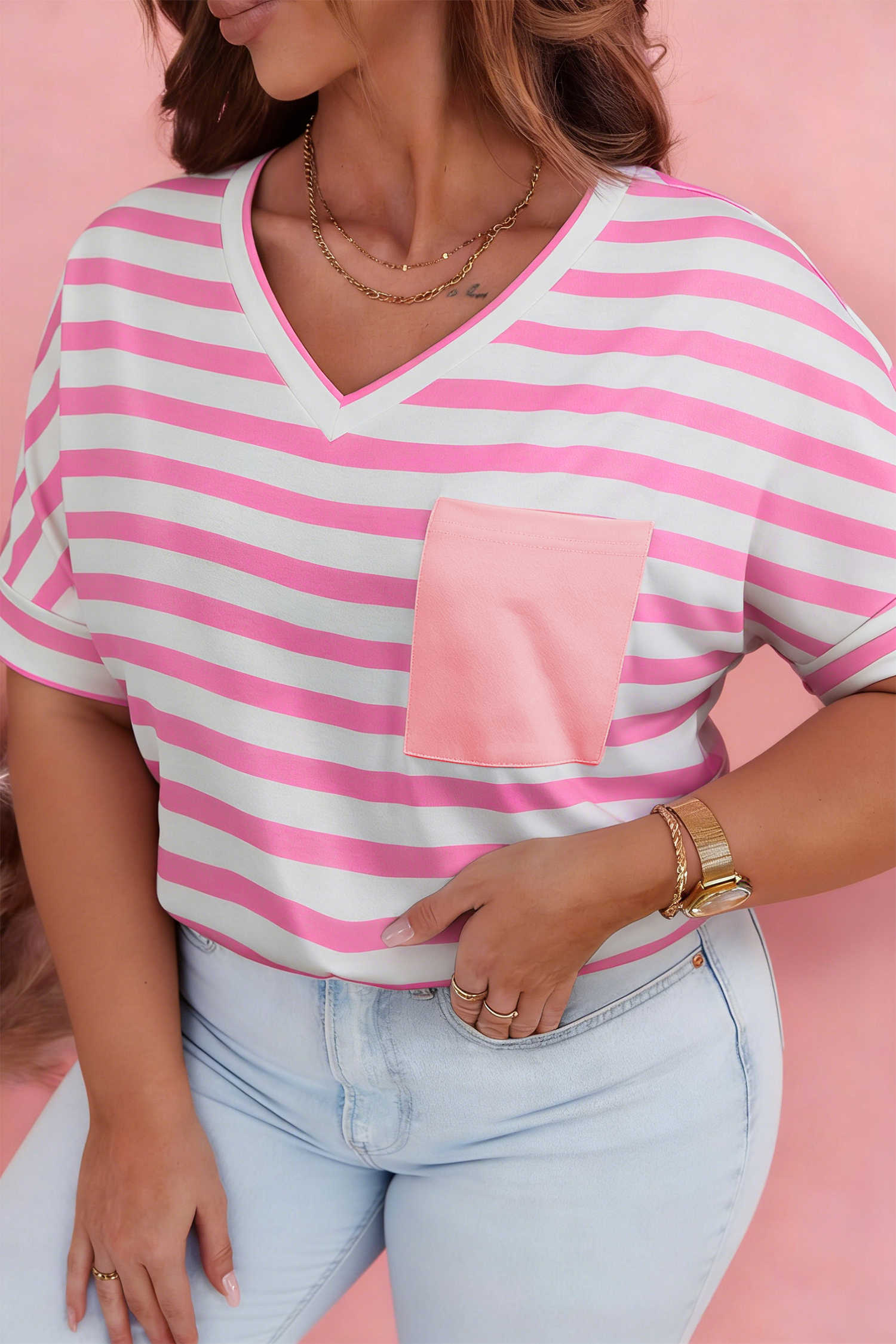 Pink Stripe Colorblock Patched Pocket V Neck Plus Size Tee