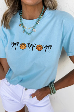 Light Blue Basketball Bow Embroidered Womens T Shirt