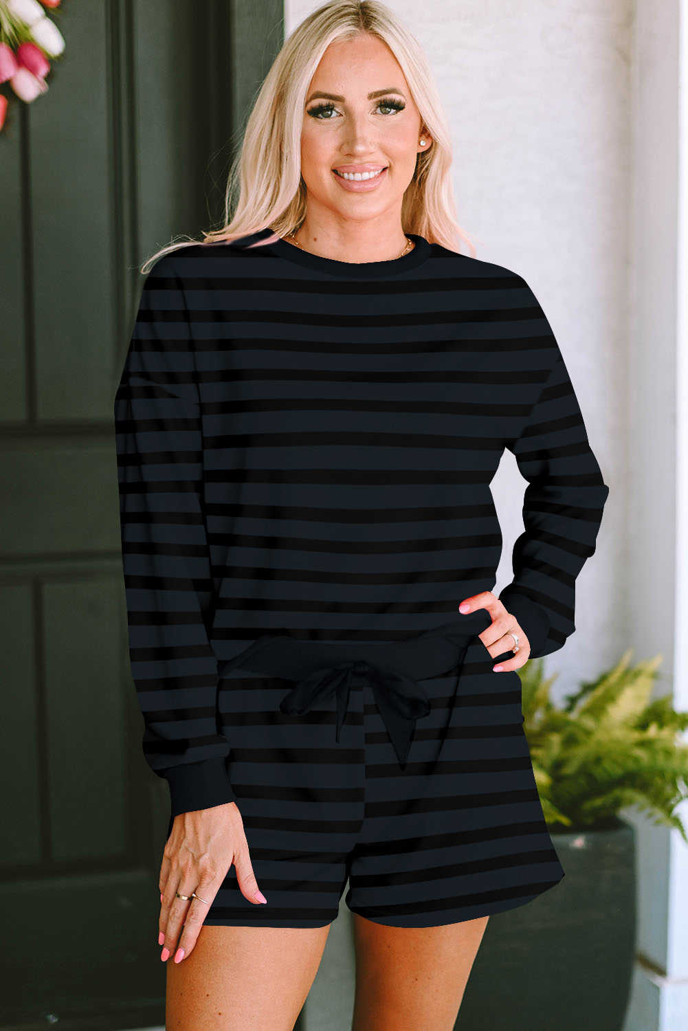 Gray Printed Stripe Long Sleeve Satin Tie Shorts Two Piece Set