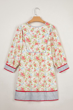 Apricot Striped Edge 3/4 Puff Sleeve Floral Dress