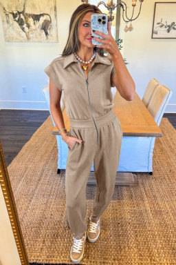 Dark Khaki Solid Color Zip Front Short Sleeve Collared Jumpsuit