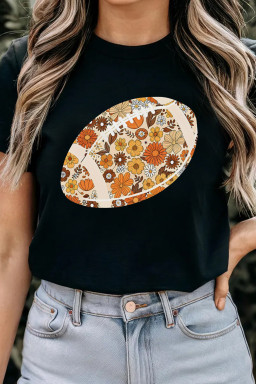 Black Retro Floral Rugby Football Printed T Shirt