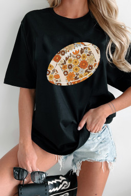Black Retro Floral Rugby Football Printed T Shirt