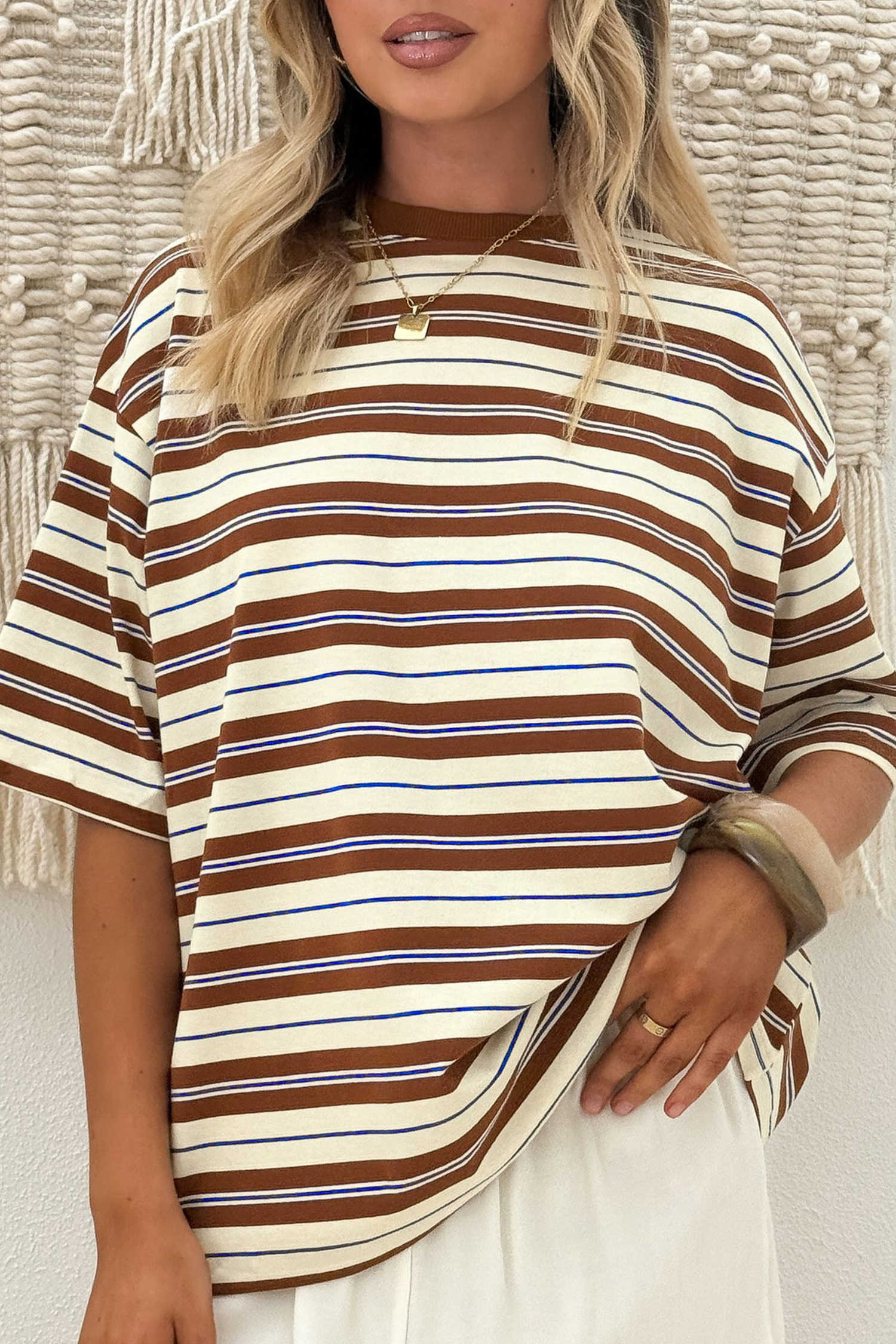 Brown Stripe Womens Casual Oversized Tee